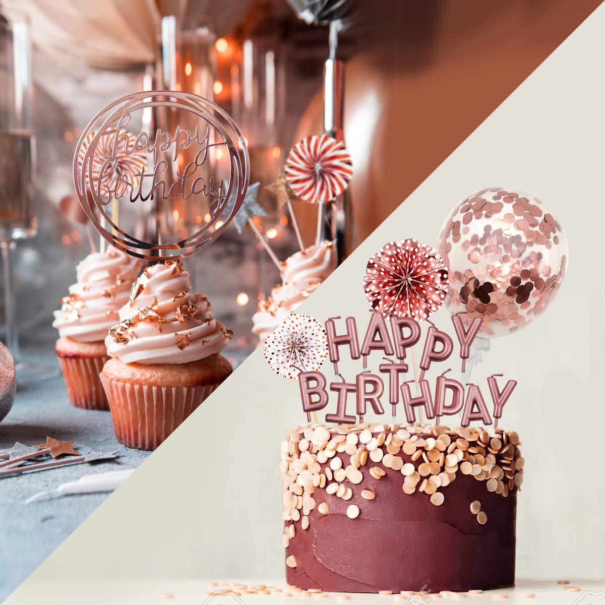 Movinpe Rose Gold Cake Topper Decoration With Happy Birthday Candles Happy Birthday Banner Confetti Balloon Paper Fans For Rose